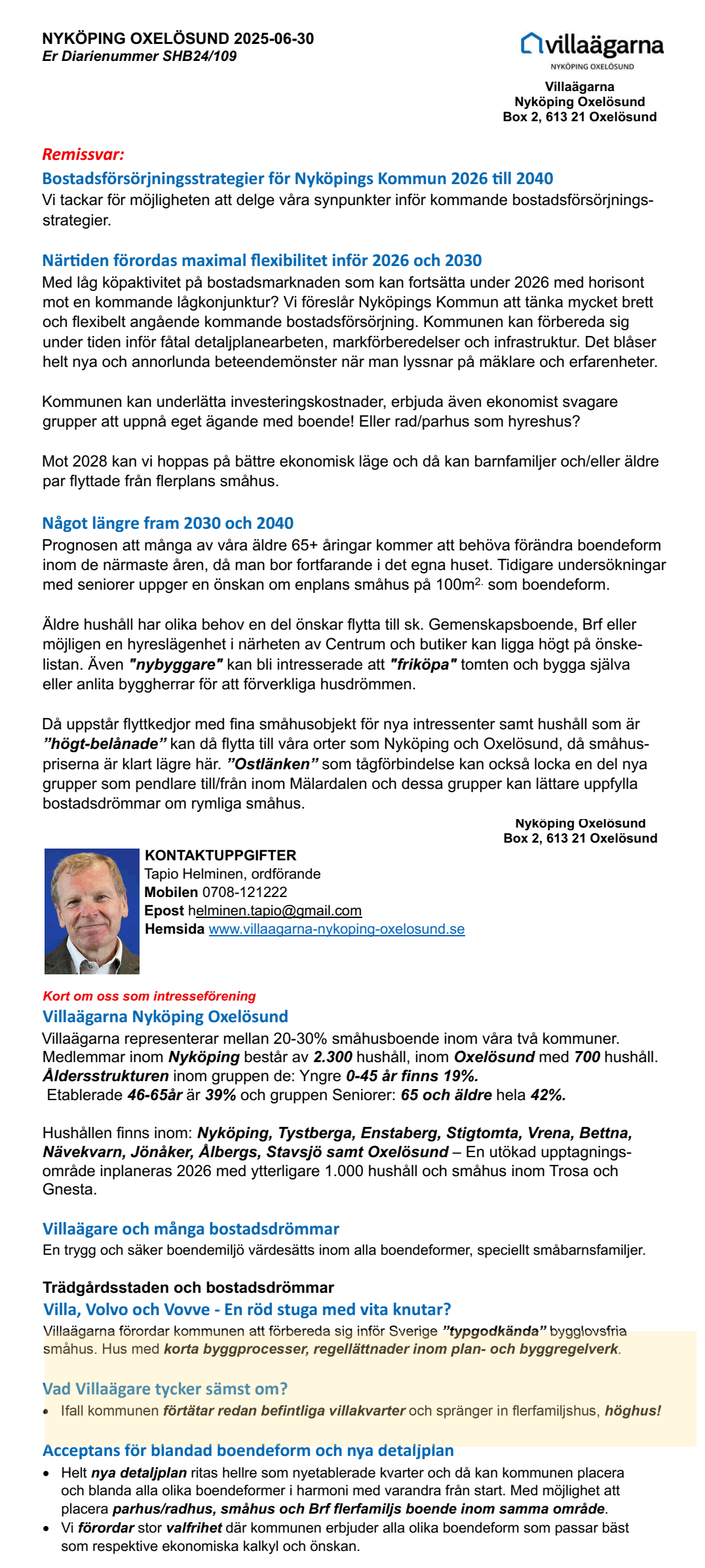Bostadsförsörjning 2030 Remissvar Villaägarna Nyköping Oxelösund 1000p 2025